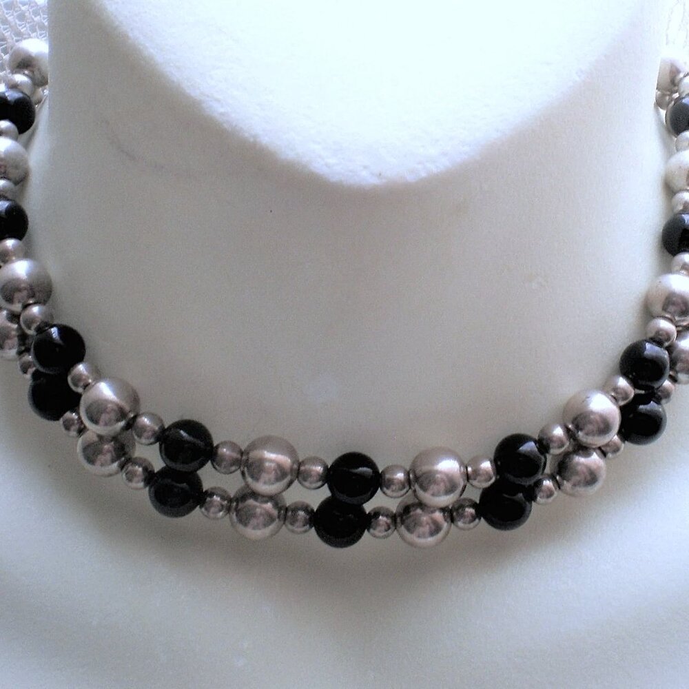 Vintage Sterling Silver M.S. Co. Black Onyx Ball Beads Beaded Necklace 28" 51 g